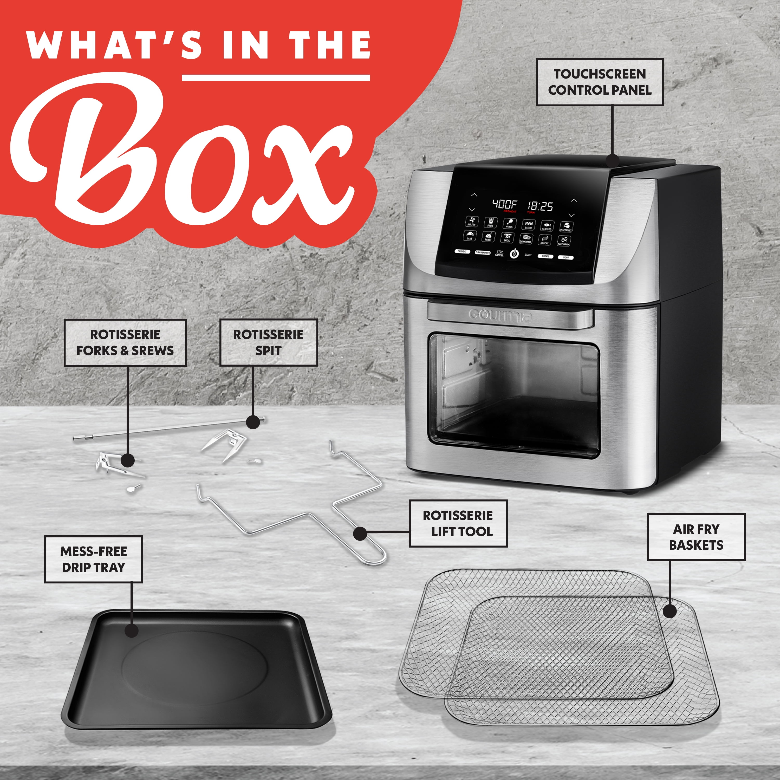 Gourmia 14 Qt Air Fryer Oven, 12 Presets, Rotisserie, FryForce 360°, Stainless Steel