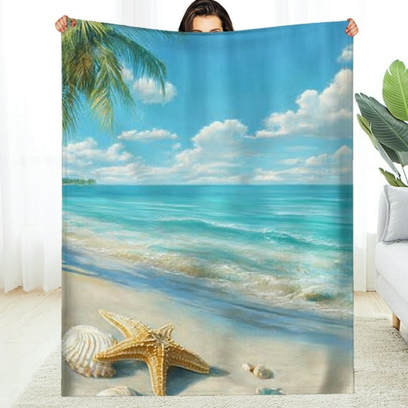 Creowell Beach Coastal Blanket Gifts for Adults Kids Soft Warm Lightweight Cozy Seashells and Starfish Palm Leaves Throw Blankets for Bed Sofa Living Room Couch Home Decor 30*40in
