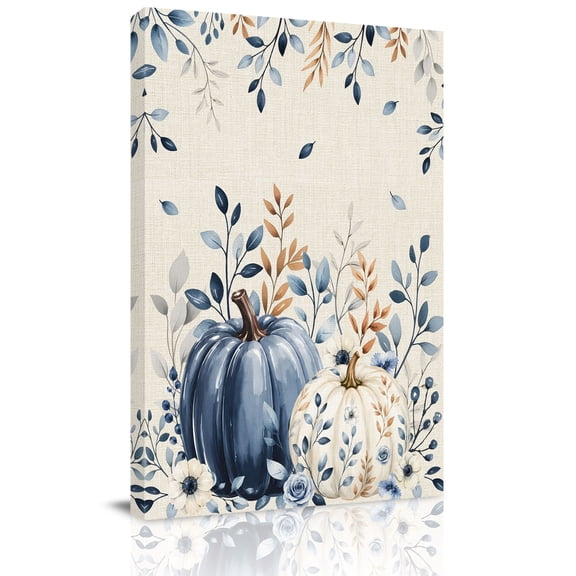 Canvas Wall Art, Bleu Pumpkin Fall Framed Canvas Prints for Kitchen Bedroom, Thanksgiving Botanical Maple Leaf Small Gallery Wrapped Wall Decor for Home Office, Gifts, 8"x12" Ship Next Day