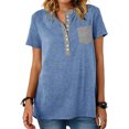 thumbnail image 1 of Camiseta con cuello redondo para mujer, camiseta de manga corta con cuello redondo y bloqueo de color con bolsillo, color azul S, 1 of 6