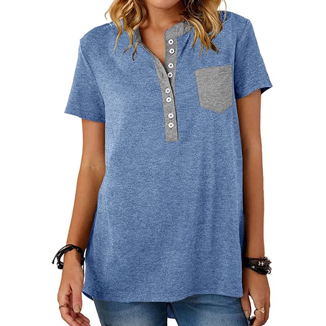 Camiseta con cuello redondo para mujer, camiseta de manga corta con cuello redondo y bloqueo de color con bolsillo, color azul S
