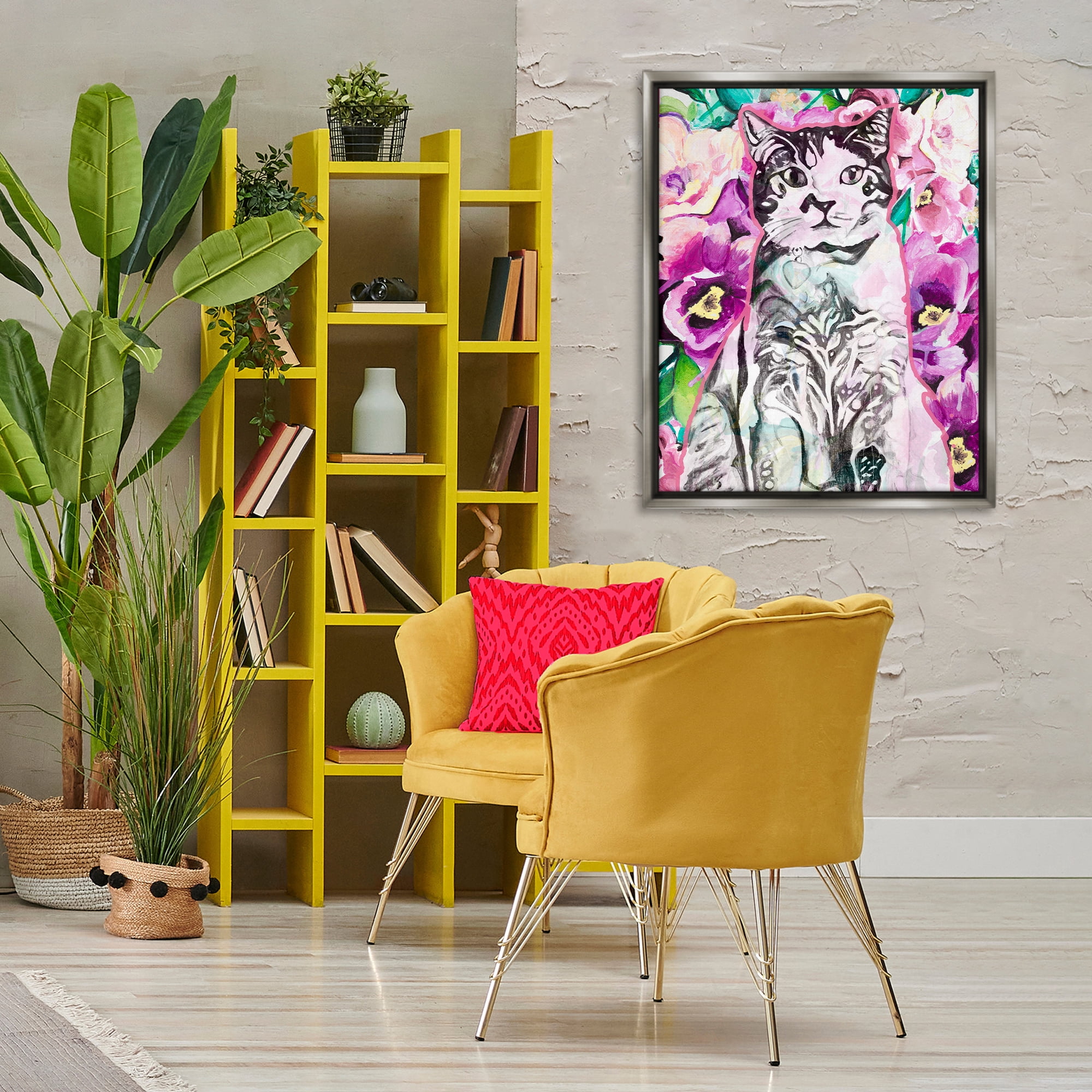 Stupell Industries Kitty Among Flowers Animals & Insects Painting Gray Floater Framed Canvas Art Print Wall Art, 25 x 31