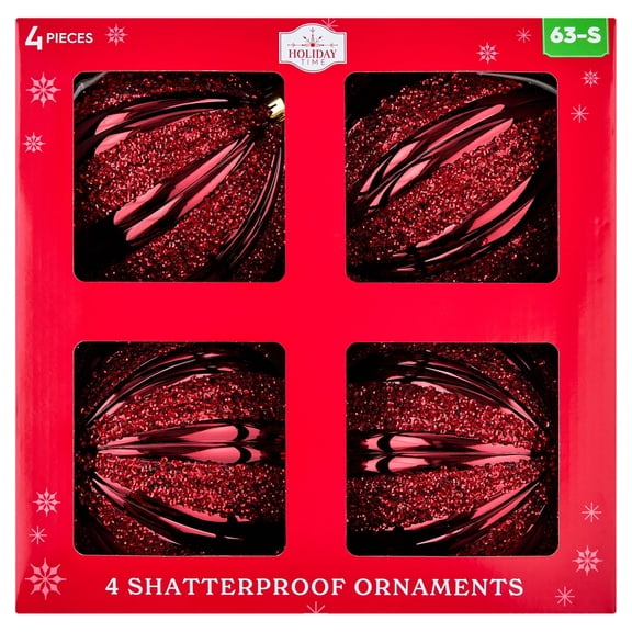4-Count Dark Red Glitter Ribbed Shatterproof Christmas Ornaments, 7", by Holiday Time