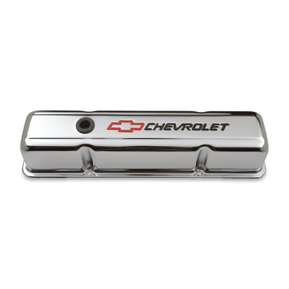 Proform Parts Valve Cover 141-905 Small Block Chevy; Tall Valve Covers; With Oil Fill Hole; With Baffle; Chevrolet Emblems; Chrome; Steel; Set of 2