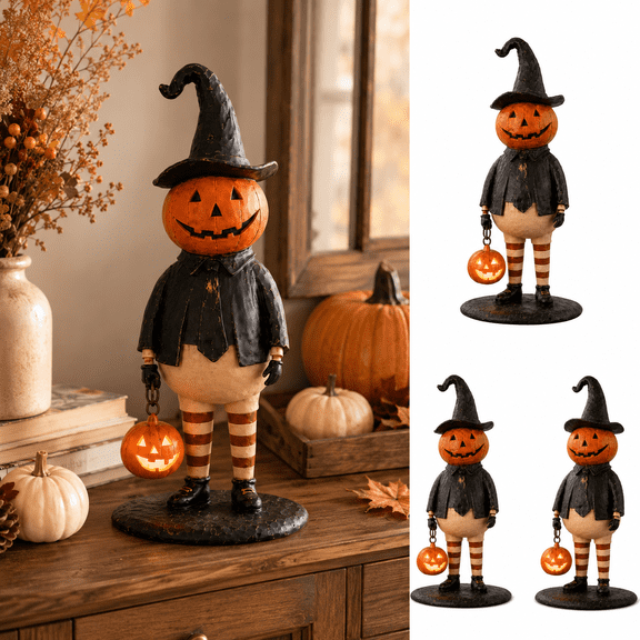 Halloween Pumpkin Witch Lamp Figurine with Lighted Jack O Lantern, Vintage Witch Statue with Witch Hat and Striped Legs, Battery Operated Halloween Pumpkin Decor for Mantel Shelf Table, 1pc
