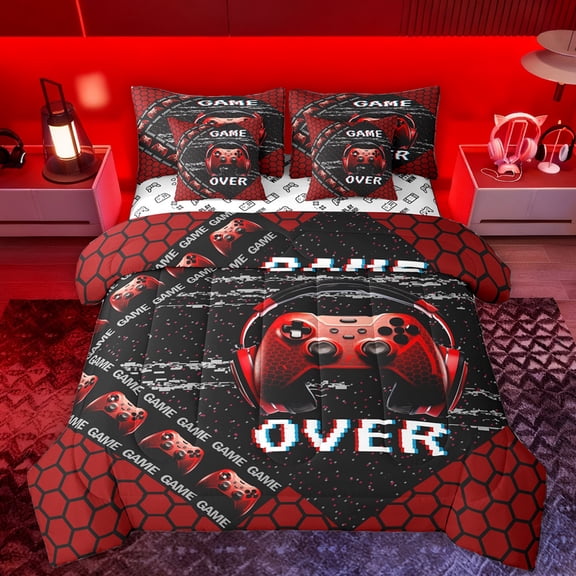 Manfei Cartoon Console 7-Piece Bedding Comforter Set,Gamer Gaming King Bedding Sets,Modern Geometric Hexagon Bed Sheets For Adults,Luxury Bedroom Decor Reversible