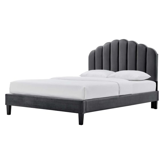 Platform Bed Frame, Twin Size, Charcoal Grey Gray, Velvet, Modern Contemporary, Bedroom Master Guest Suite Room