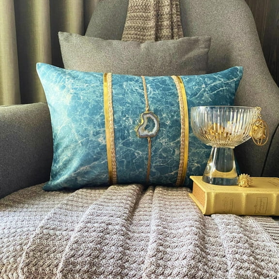 Designer Teal Blue 12"x16" (30x40 cm) Lumbar Pillow Cover, Suede Gemstone Faux Leather & Marble print Oblong Pillow, Abstract Pattern Modern Style - Solar Quartz Teal