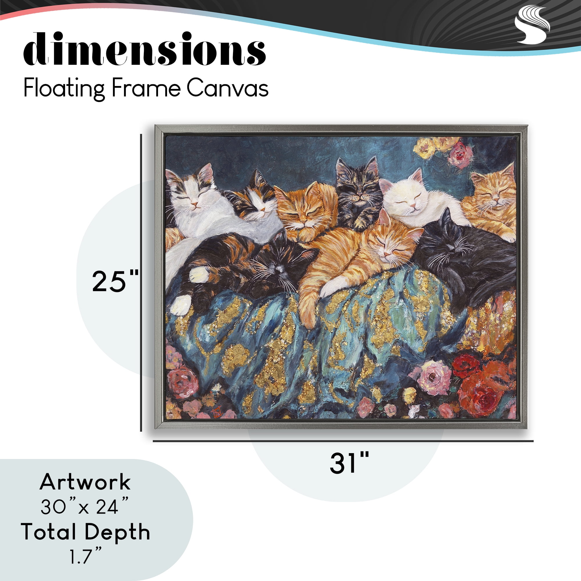 Sleepy Kitty Crowd with Flowers Gray Framed Floater Canvas Wall Art, design by Sara Culpepper