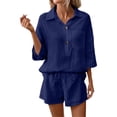 thumbnail image 3 of Women's 2 Piece Linen Short Set V Neck 3/4 Sleeve Oversized Beach Vacation, 3 of 9