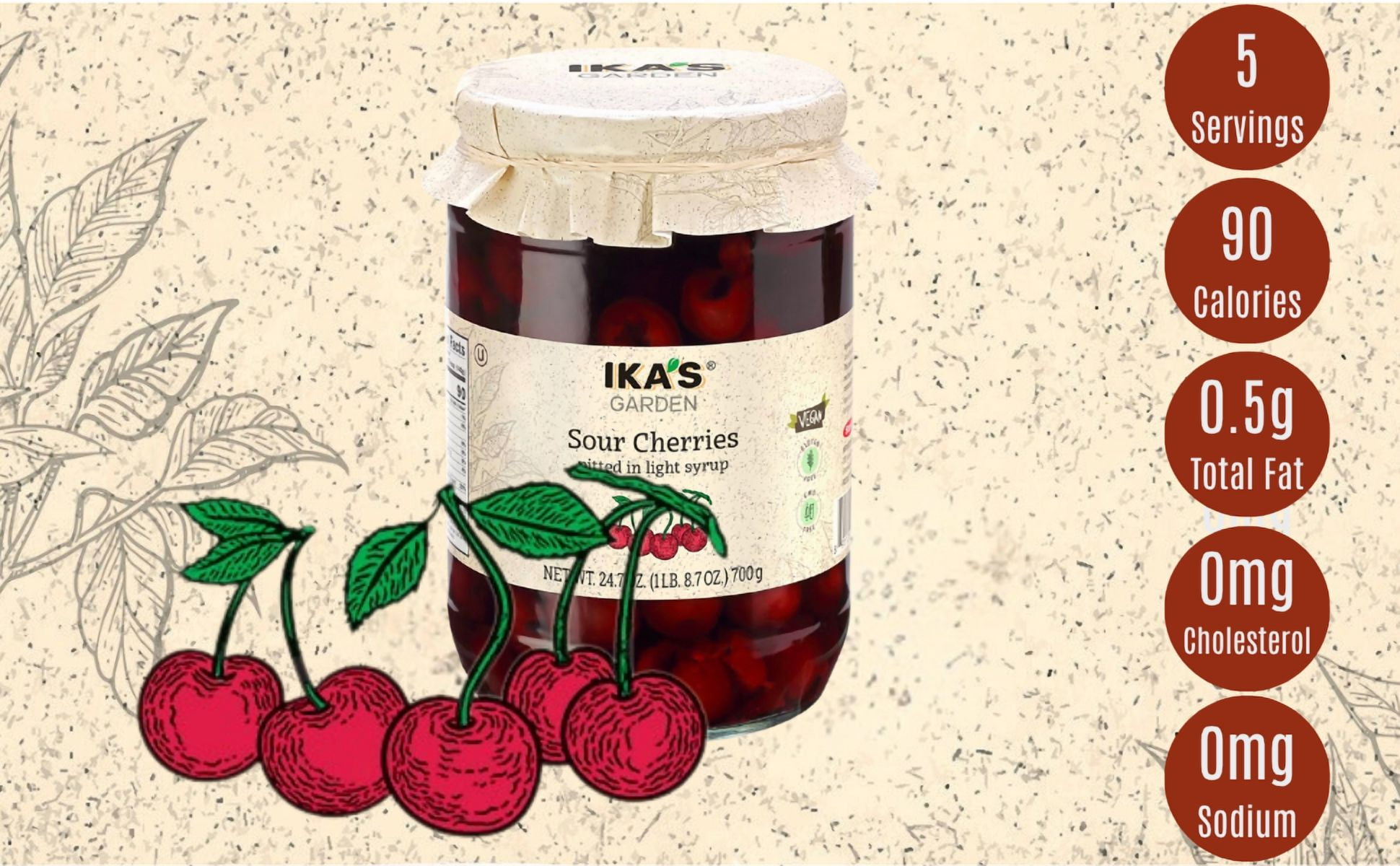 (2 pack) Ika’s Garden Pitted Sour Cherries in Light Syrup, 24.7 oz Jar