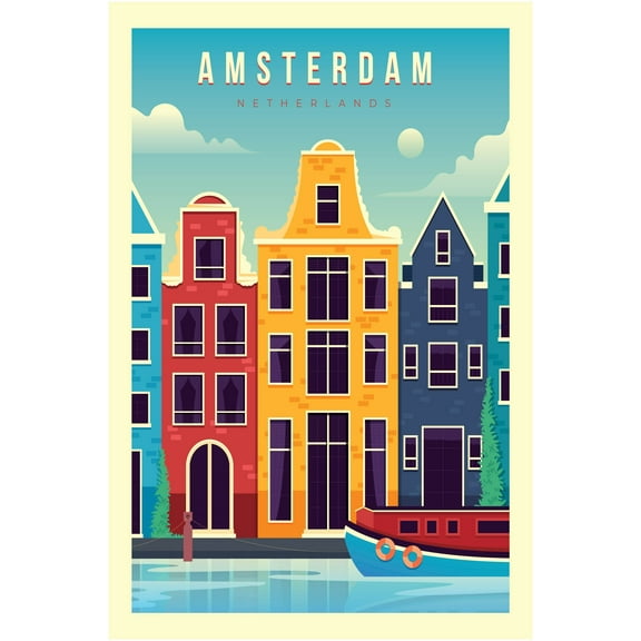EzPosterPrints - Retro World Famous City Posters - Decorative, Vintage, Retro, Grunge Travel Poster Printing - Wall Art Print for Home Office - AMSTERDAM-4, NETHERLANDS - 12X18 inches