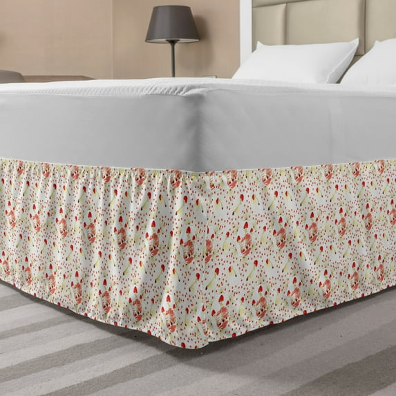 Mushroom Bed Skirt, Illustration of Continuous Abstract Fungus Elements on Brush Rounds, Elastic Bedskirt Dust Ruffle Wrap Around for Bedding Decor, 4 Sizes, Vermilion and Multicolor, by Ambesonne