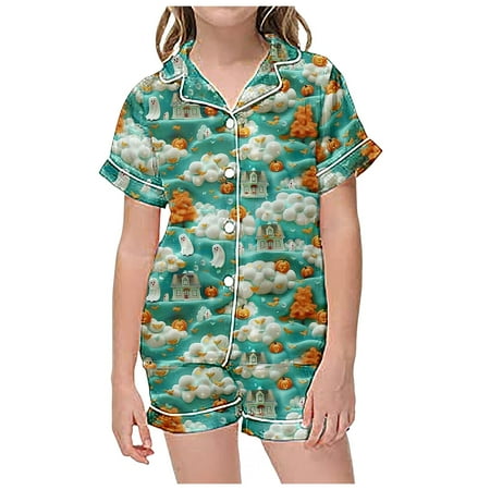 

Girls Shorts Sets Size 4T 2 Piece Sets Pajamas For Kids Children Graphic Print Short Sleeve Button Shirt Shorts Pajama Set Girls Summer Outfits Green 10-11 Years