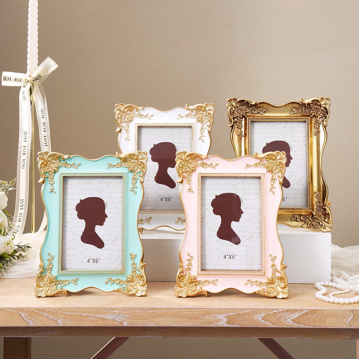 4x6in Vintage Ornate Picture Frame, French Rococo Style Resin Tabletop Photo Frame with Stand, Gold Relief Floral Design, Desktop Decor,Pink