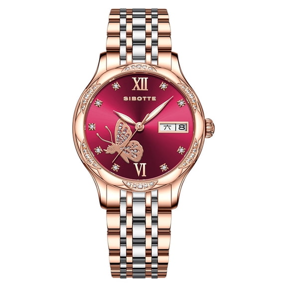 SIBOTTE Women Calendar Week Vintage Japanese Automatic Self-Winding Mechanical Movement 8205 Sapphire Crystal Wrist Watch Stainless Steel Luminous Diamond Clock