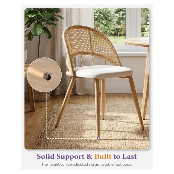 Rattan Dining Chairs Set of 4, Faux Leather, Modern Boho Kitchen Chairs, Adjustable Foot Pads, White