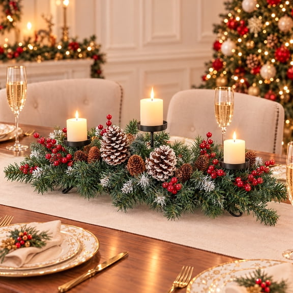 HKKDKTA 32'' Christmas Centerpiece with 3 Candle Holders, Dining Table Holiday Decor with Berries, Pinecones