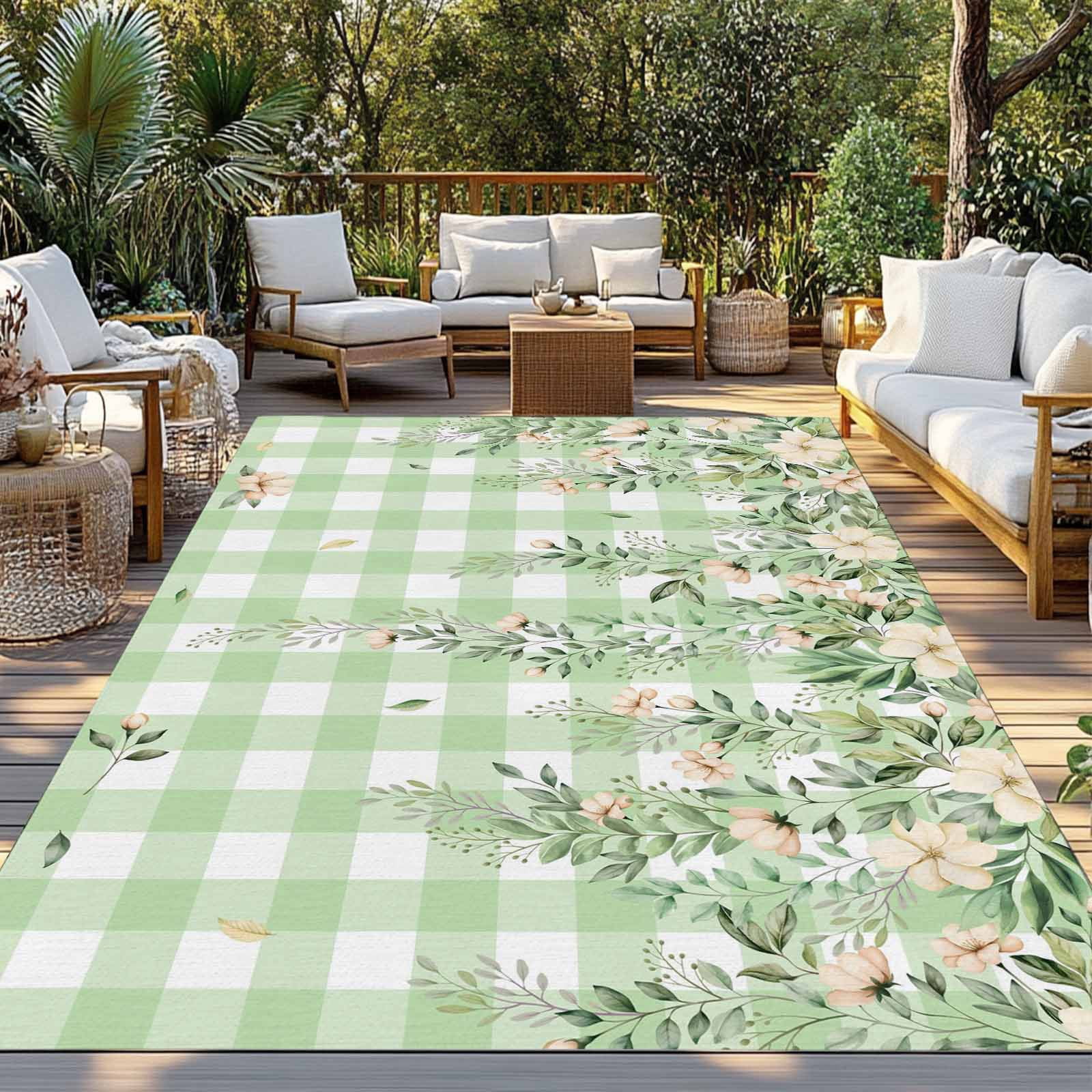 Watercolor Floral Outdoor Rug for Patio/Deck/Porch, Non-Slip Large Area Rug 5 x 7 Ft, Spring Flowers Leaves Botanical Green Plaid Indoor Outdoor Rugs Washable Area Rugs, Camping Rug Carpet Runner