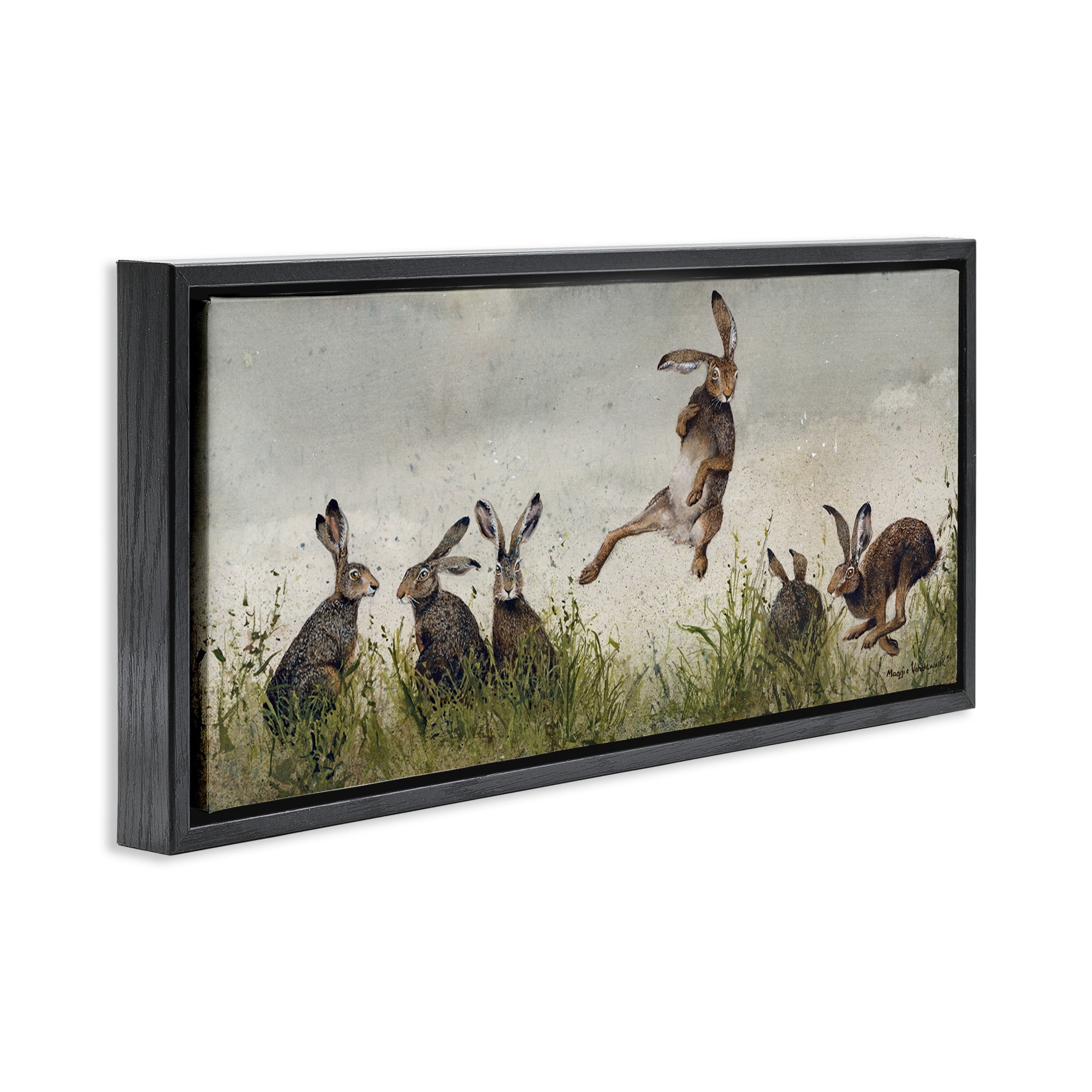 Stupell Industries Jumping Hares in Wild Animals & Insects Painting Black Floater Framed Canvas Art Print Wall Art, 25 x 11
