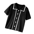 thumbnail image 3 of Camiseta de mujer Blusa de solapa delantera con botones Camiseta suelta de manga corta para niña, Negro sidaley AP001518-01B, 3 of 7