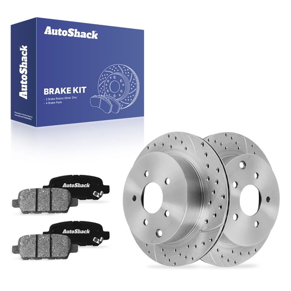 AutoShack Rear Vented Drilled & Slotted Silver Zinc Coated Brake Rotors   Ceramic Pads 6-PC Brake Kit Replacement for 2008-2010 INFINITI FX35 2014 INFINITI Q60 SilverShield Pro 12.13" (308 mm)