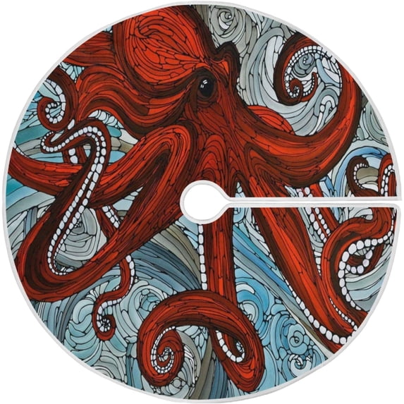 FMSHPON Wavy Red Octopus Xmas Christmas Tree Skirt Stand Mat for Holiday Party Decoration Indoor Outdoor 48 inches