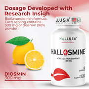 HALLUSA NATURAL Hallosmine Diosmin Circulation & Vein Support, Bioflavonoids 300mg, Lymphatic Drainage, Swelling & Heavy Legs, 60 Capsules