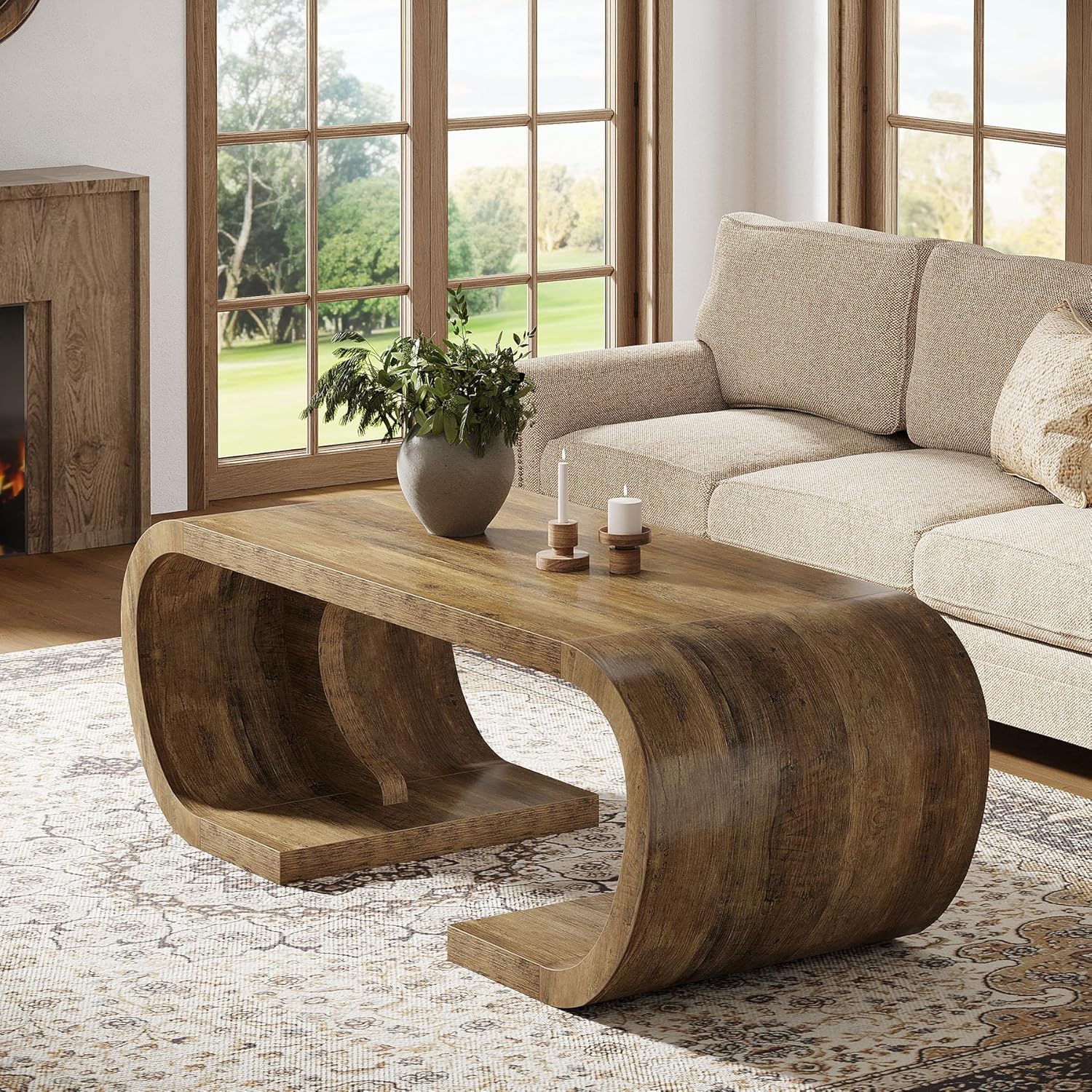 Finmind Farmhouse Coffee Table, 47" Rustic Brown C-Shaped Center Table with Curved Base for Living Room, Entertainment Space, Home Office