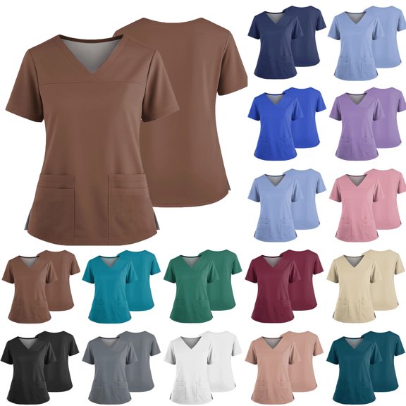Modern Fit Scrub Top for Women V Neck Short Sleeve 2 Pocket Soft Stretch Work Top with Side Slits Featuring Comfortable Fit and Long Lasting Material, #01 Light Brown, S