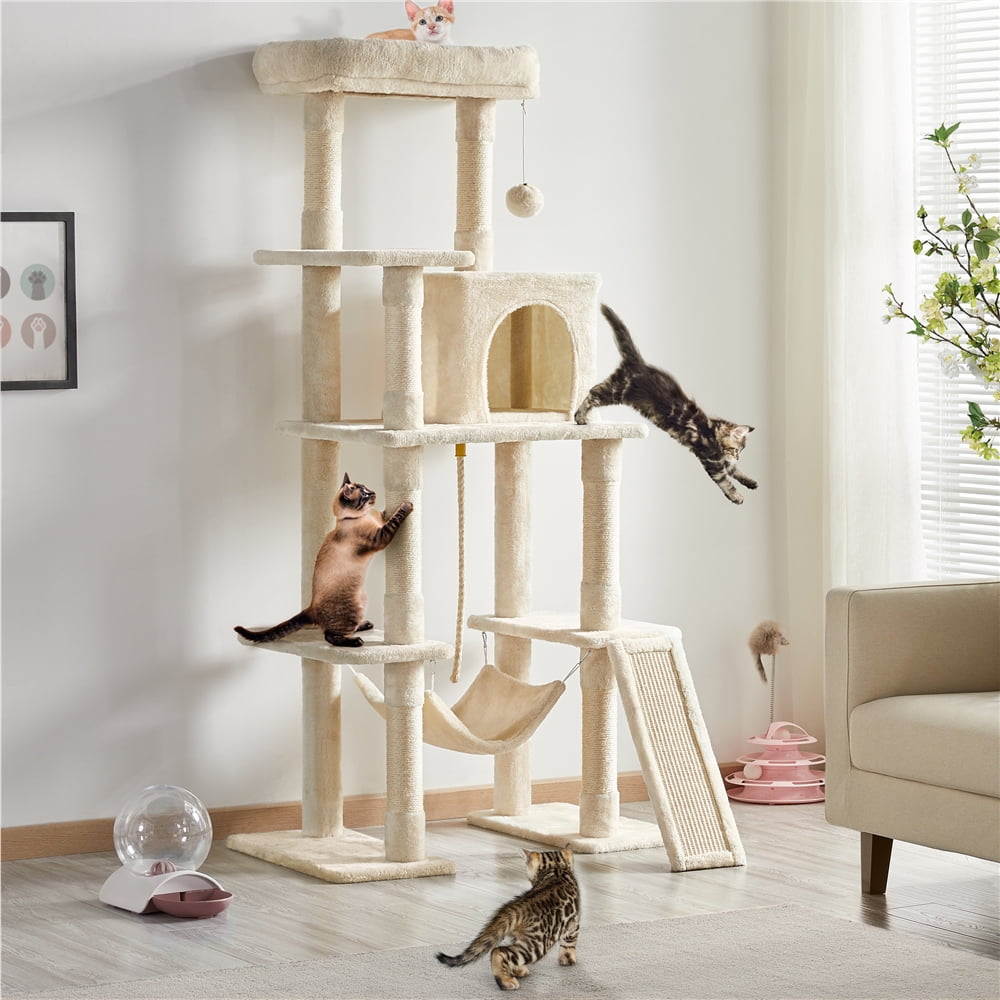Alden Design 63″H Cat Tree Large Hammock Scratching Posts Cat Tower Indoor Cats Multilevel Plush Cat Tree