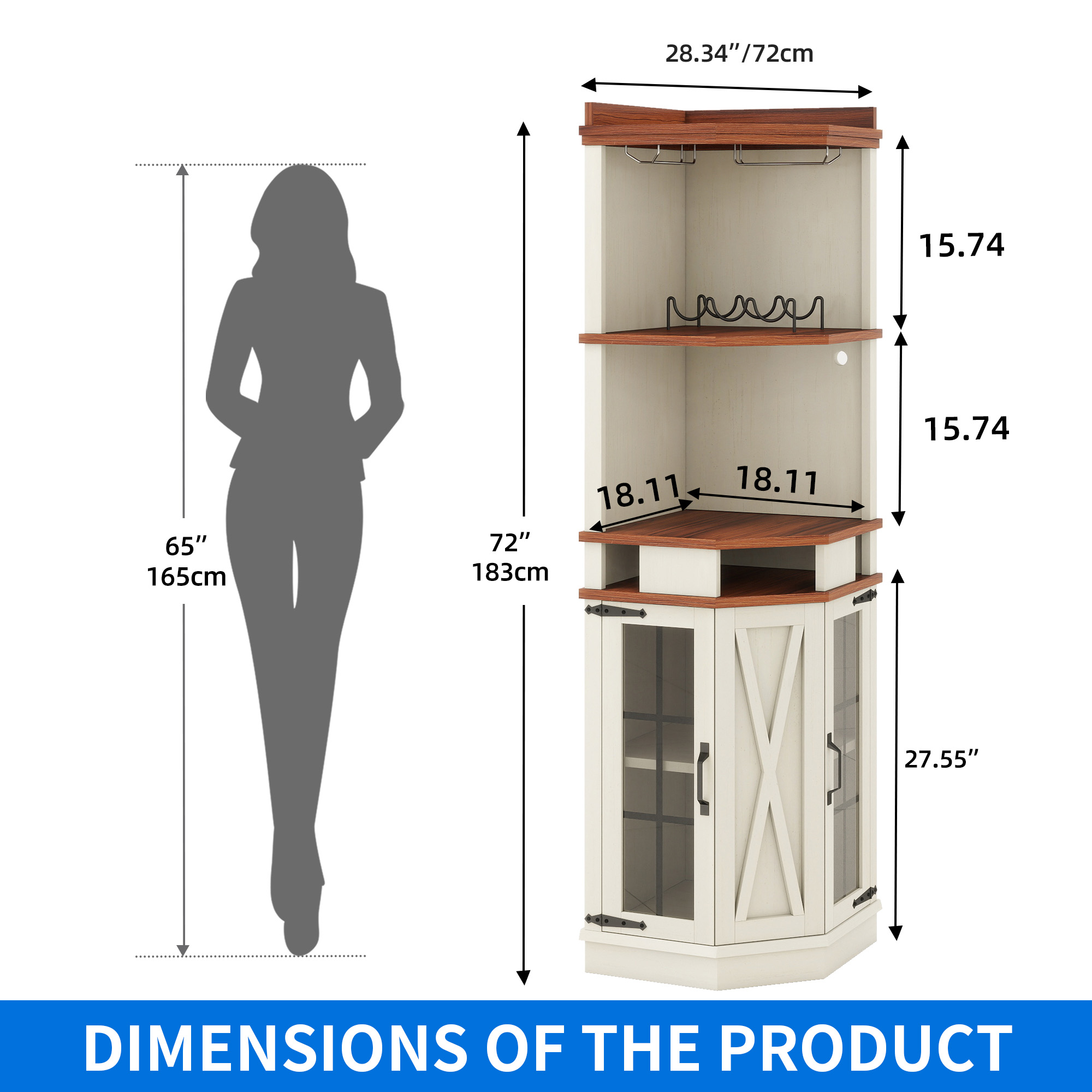 Uforic 6-Tier Farmhouse Corner Bar Cabinet with LED Lights & Doors, 72" Liquor Cabinet with Wine Glass Holder, White