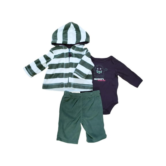 Infant Baby Boys Green Fleece Hooded Jacket Pant Cotton Bodysuit 3 Pc Set 0-3M