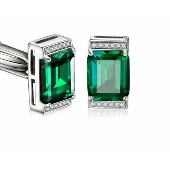 Shree Diamonds Men's Emerald Cut Green Emerald & Diamond Cufflinks – 925 Sterling Silver, 14K White Gold Plated
