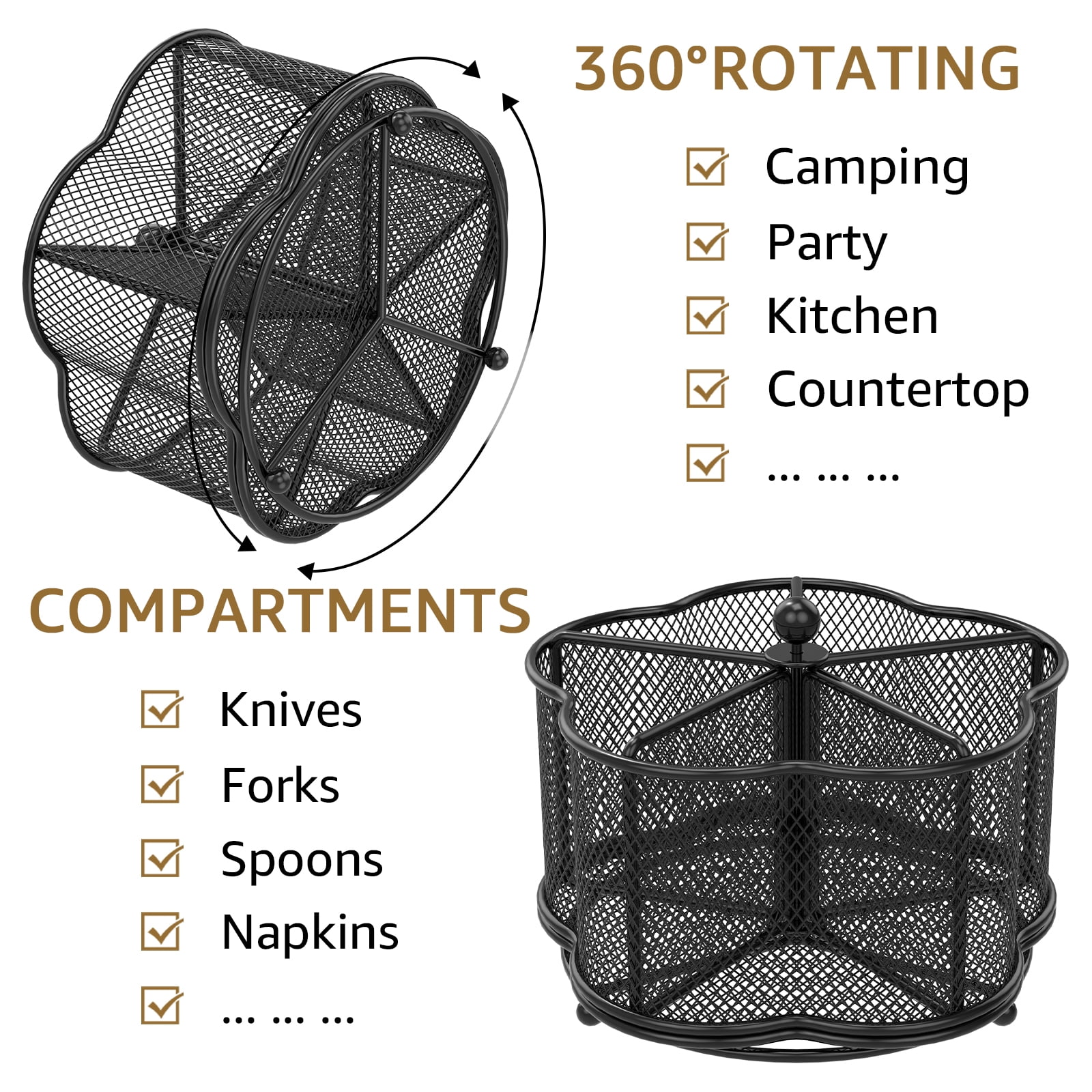 Tzdxfgl 360° Rotating Kitchen Metal Utensil Holder, 5 Compartment Countertop Silverware Organizer, Black