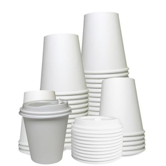 EcoQuality 10 oz White Hot Drink Paper Cups with White Dome Lids - Disposable Paper Coffee Cups perfect for Tea, Latte's, Coffee Shops, Restaurant Grade (50)