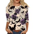 thumbnail image 2 of Halloween Themed Women's 3/4 Sleeve T-Shirt, Spooky Night Landscape Print, Comfortable Casual Top, Unique Holiday Apparel Halloween Tops for Women, 2 of 3