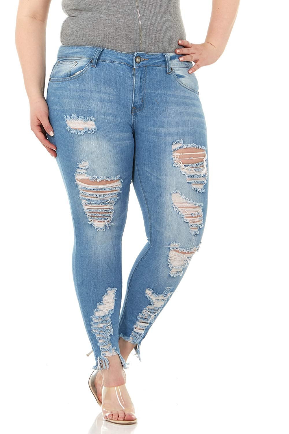 Ripped Jeans Teen Girls Washed Skinny Cropped Torn Hem Light Blue Denim Plus Size 14W Walmart.com
