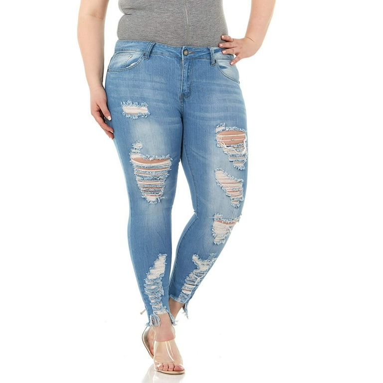Cute Jeans for Teen Girls Distressed Skinny Cropped Torn Hem Light Blue Denim Junior Size 5 -