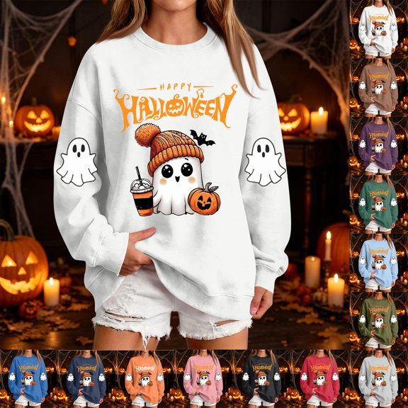 Womens Halloween Sweatshirt Crew Neck Spooky Season Novelty Ghost Pumpkin Long Sleeve Pullover Sweatshirts Fall Fashion Outfits for Women