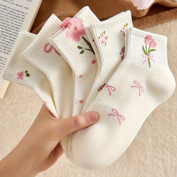 5 Pairs Women's Floral & Bow Embellished Mid-Calf Socks - Soft Pastel Colors, Breathable Comfort for Casual & Formal Wear, Cute Socks, Quality Fabric Construction