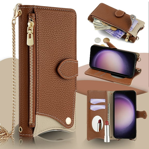 Allytechgroup Wallet Case for iPhone 13 with Makeup Mirror, Detachable Metal Shoulder Strap Cards Slots Zipper Pocket Shockproof Protective Phone Case for iPhone 13, Brown