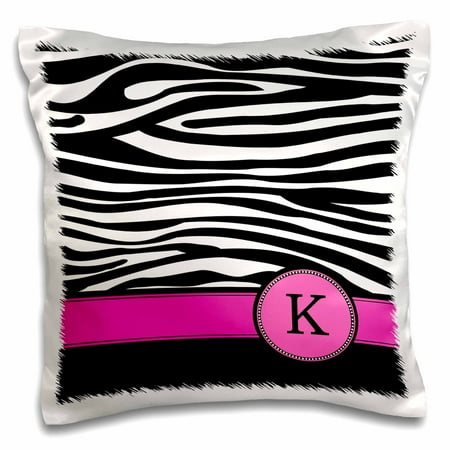 Initial Pillow 3dRose Letter K monogrammed black and white zebra stripes animal print with hot pink personalized initial, Pillow Case, 16 by 16-inch ()