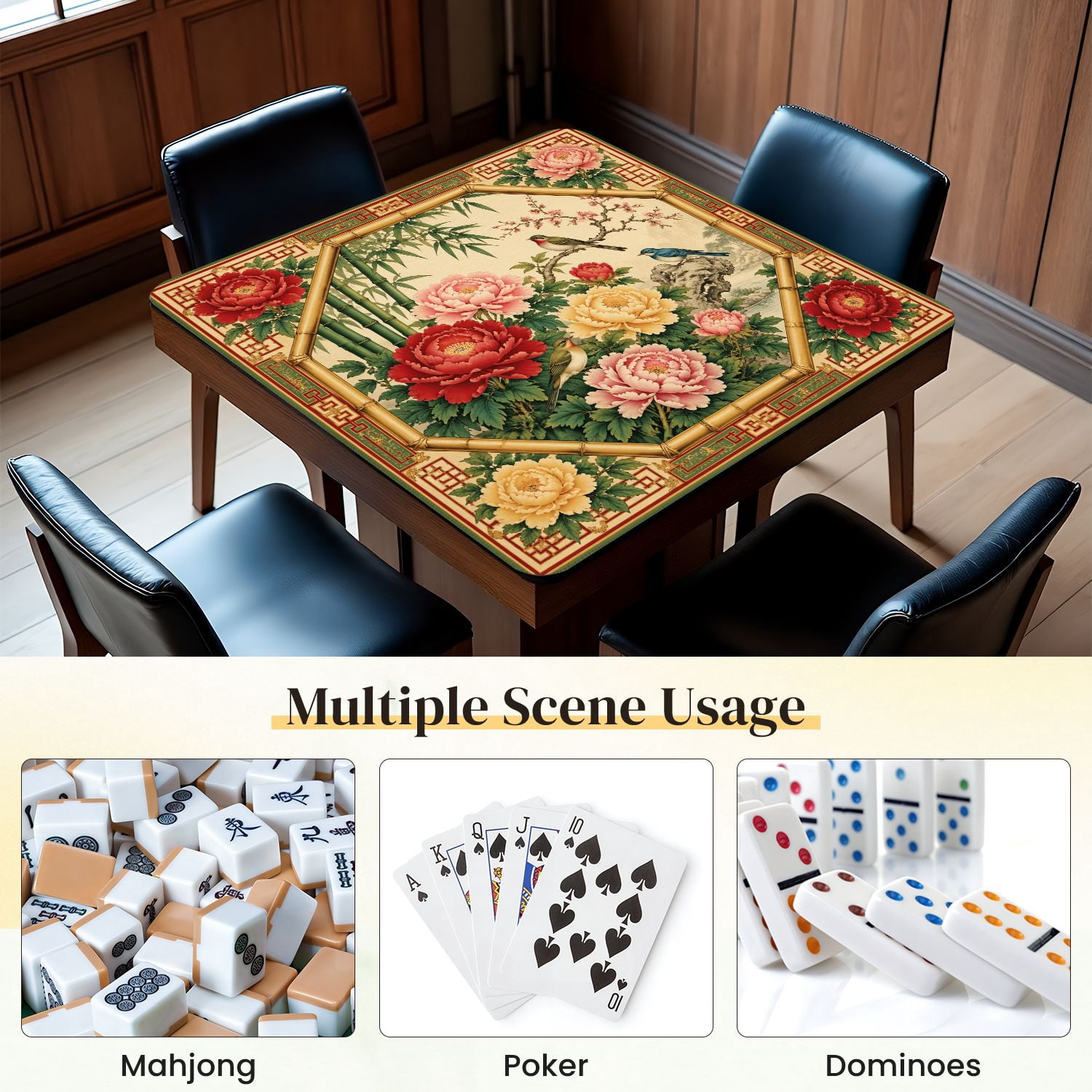 Mahjong Mat 31.5" x 31.5" Floral Bird Vintage Bamboo Peony Flowers Non-Slip Noise Reduction Mahjong Tiles Table Cover for Dominoes Poker Card Board and Tile Games