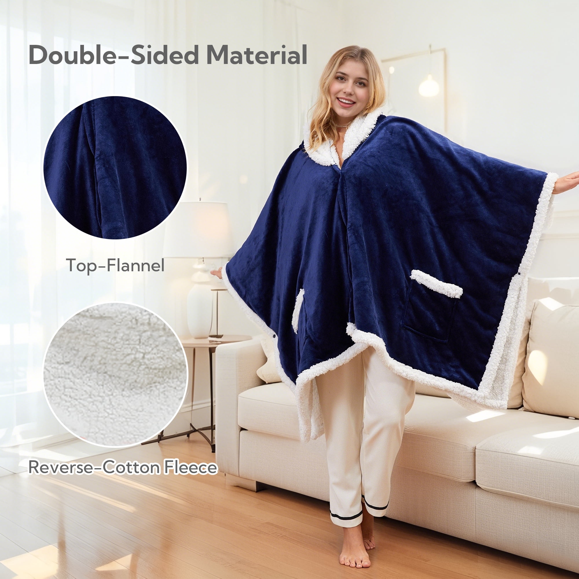 SUNNY HEAT Heated Electric Wearable Throw Blanket with Hood Pockets, 56"x63", Soft Flannel & Sherpa, 3H Auto Shut Off, Machine Washable, Navy blue