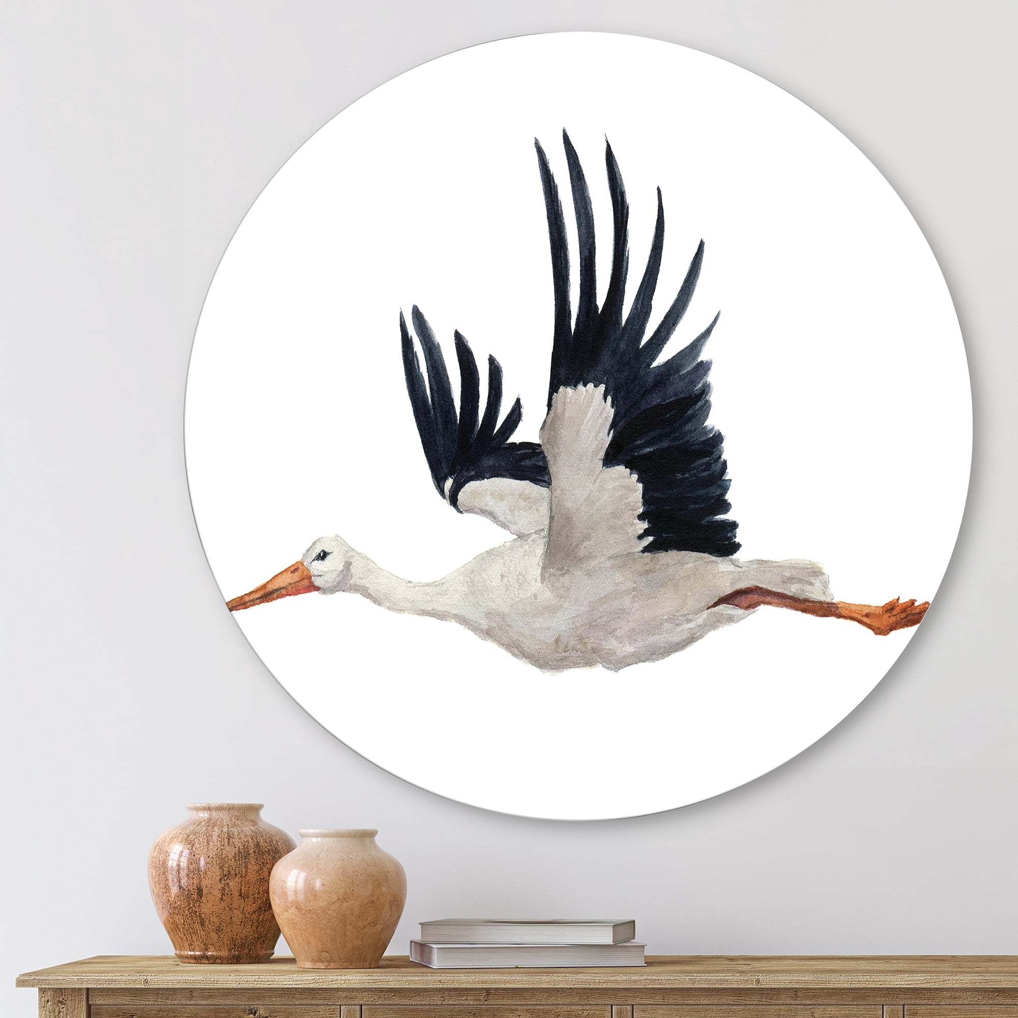 Designart 'White Stork Ciconia Flying Bird ' Traditional Circle Metal Wall Art 11x11 - Disc of 11