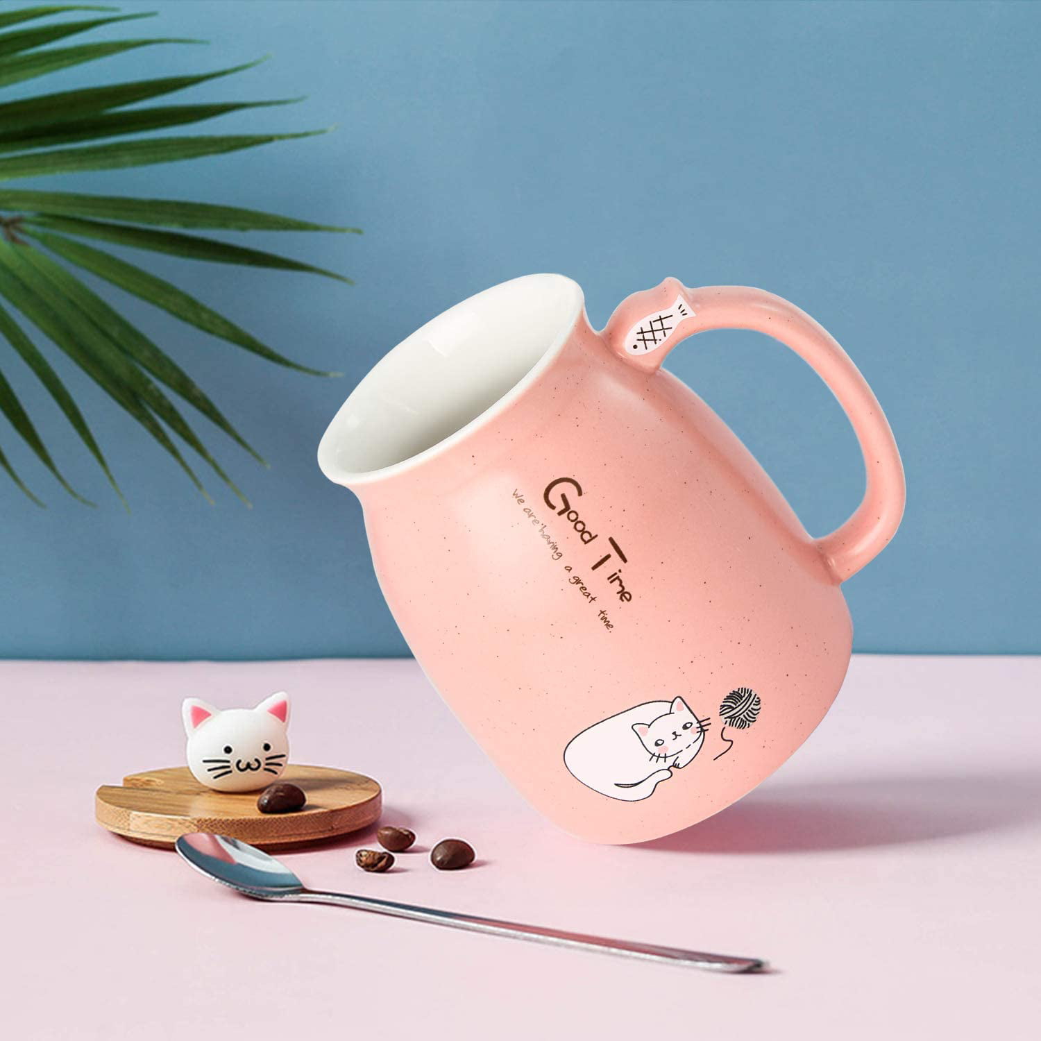 Heat-Resistant Cartoon Mugs For Children Mothers Day Birthday Christmas Gifts（450 ML PINK） 15oz Cute Cat Coffee Mug Ceramic Tea Cup Milk Mug with Lovely Kitty Bamboo lid and Stainless Steel Spoon