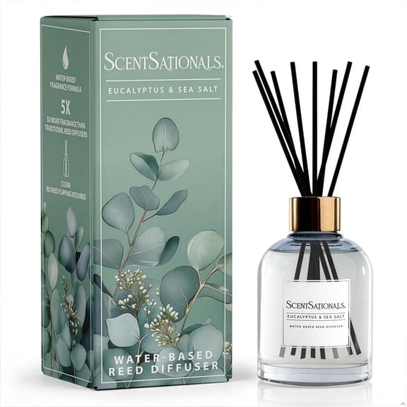 ScentSationals Water-Based Reed Diffuser - Eucalyptus & Sea Salt - 5 FL OZ Aromatherapy Reed Diffuser