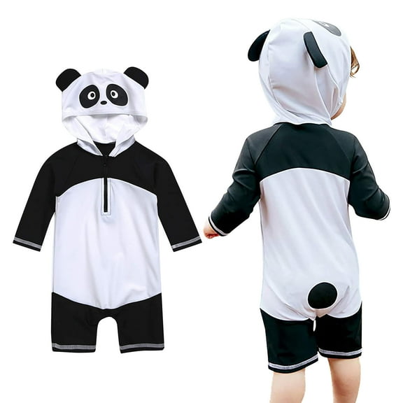 Toddler Cute Beach Swimsuits Panda Hooded Romper Bathing Suits Zipper Rash Guard Long Sleeve Swimwear, Black, 3 Years