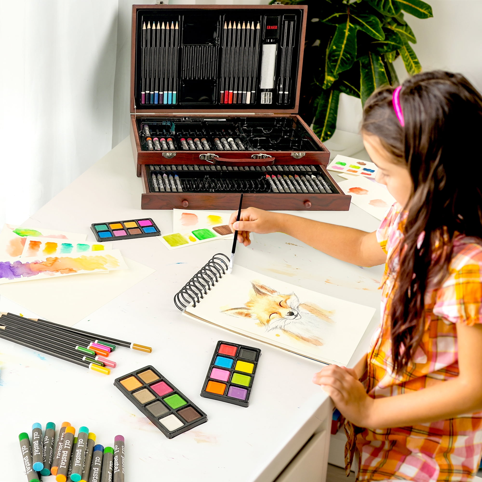 AUREUO 140PCS Art Supplies, Wood Box Painting Kit with Watercolor, Oil Pastels, Colored Pencils, Crayons for Adults Teens Kids